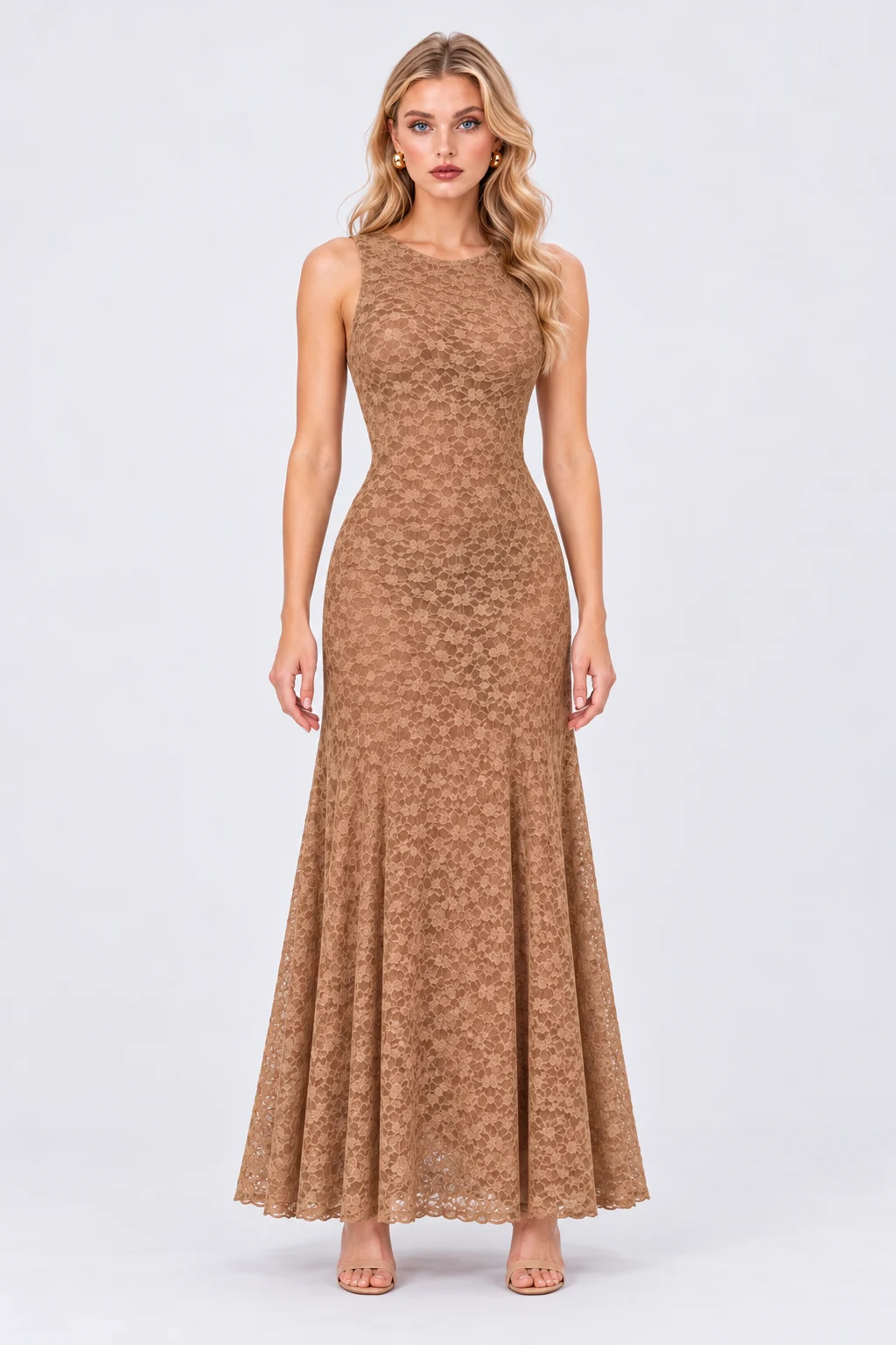 Sleeveless Crew Neck Lace Column Maxi Dress in Tan [erp-image:6103b83fdec819f3737ae05c]