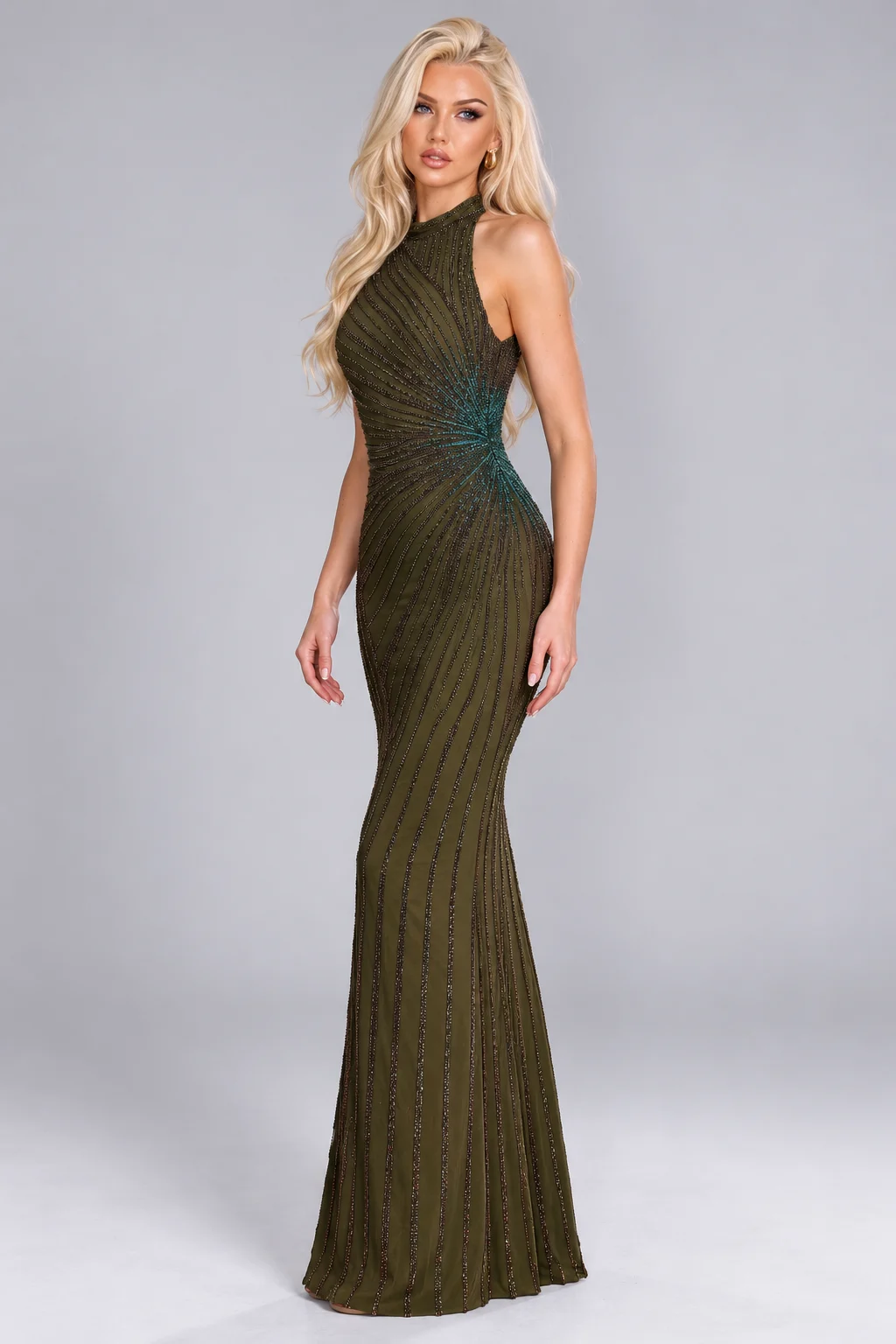 Olive Green Halter Neck Beaded Column Maxi Evening Dress [erp-image:9a4ef8679878e759b961b22a]