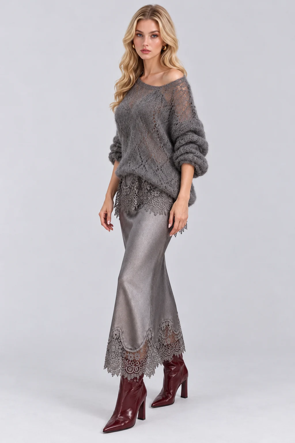 Open Knit Sweater and Lace Trim Satin Midi Skirt Set [erp-image:b23047f930ebbfba40b90a2c]