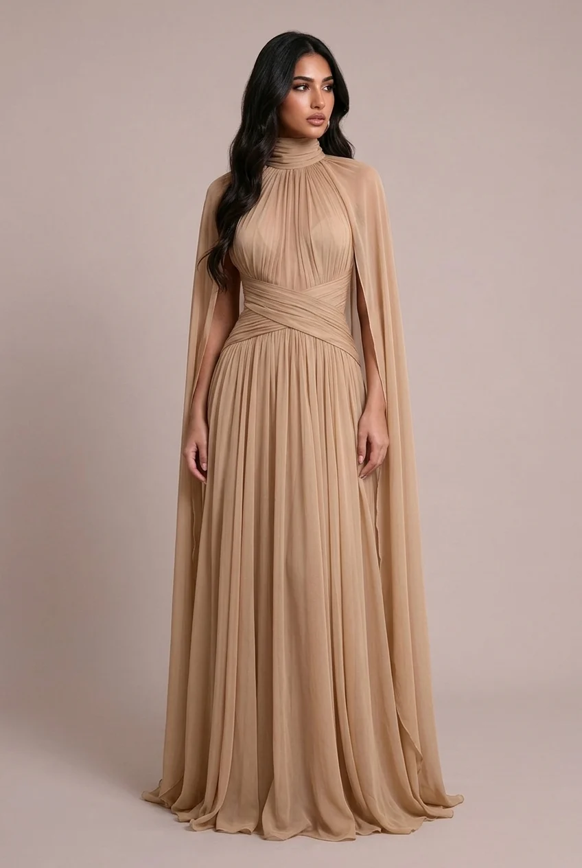 High Neck Pleated Cape Sleeve Chiffon Maxi Evening Dress [erp-image:475752fee270adb54c01d729]
