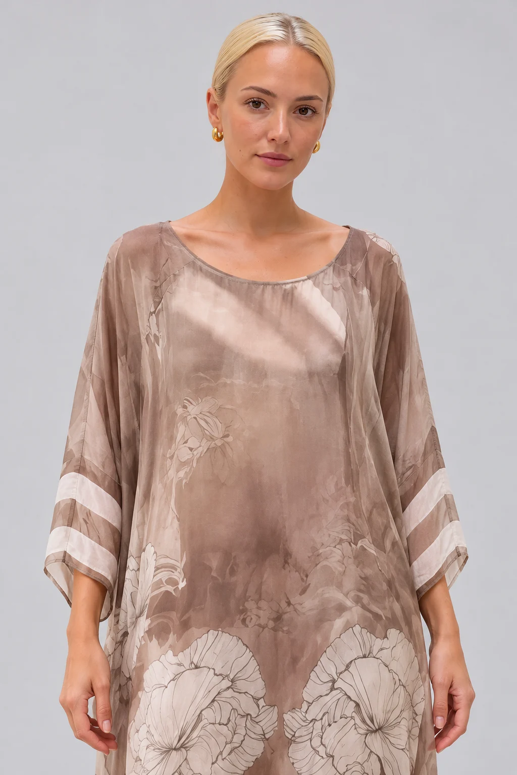 Floral Print Sheer Chiffon Kaftan Maxi Dress with Wide Sleeves [erp-image:27d17cee332402893f4e1699]