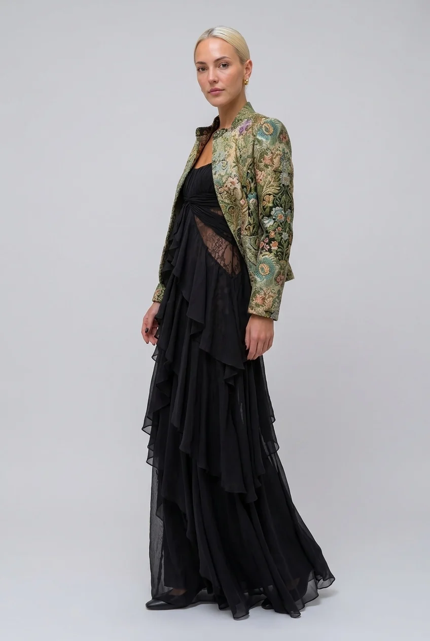 Vintage Brocade Cropped Jacket and Ruffle Maxi Dress Two Piece Set [erp-image:f51302f108495870873b57b0]