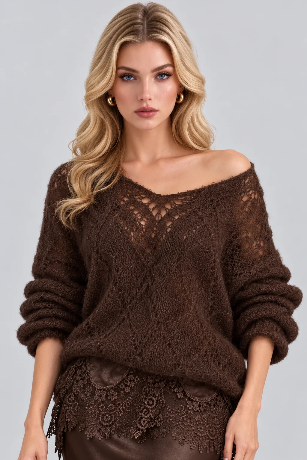 Open Knit Sweater and Lace Trim Satin Midi Skirt Set [erp-image:386a16c289c956ad7a47d46d]