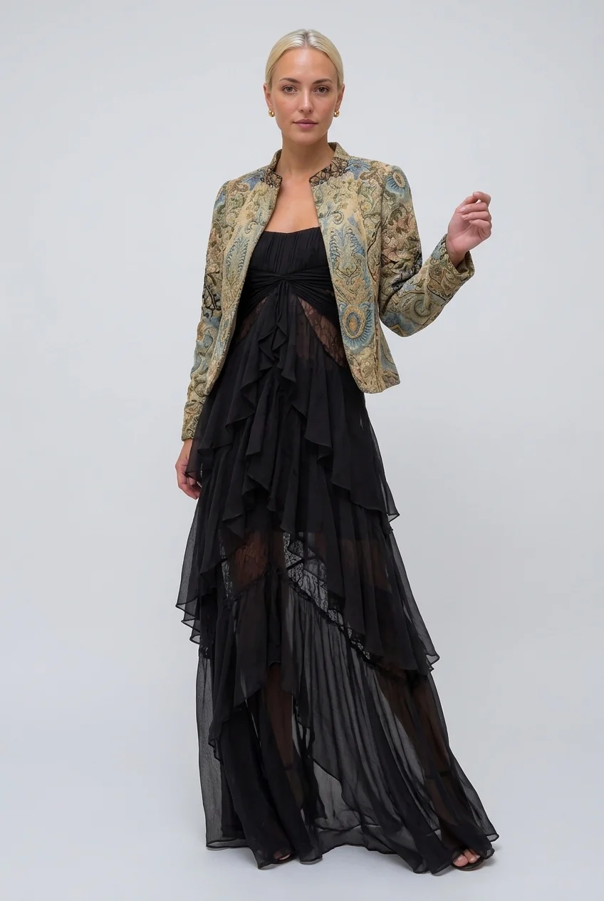 Vintage Brocade Cropped Jacket and Ruffle Maxi Dress Two Piece Set [erp-image:85bbbd4c6a7ddd07960d5a0b]
