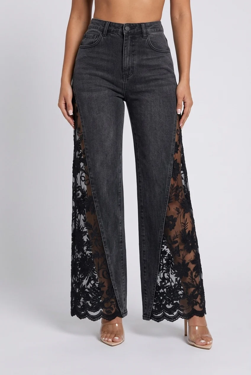 Women's Black High Rise Flare Jeans with Sheer Floral Lace Panels [erp-image:77c9c991ccde05ffecc8d18e]