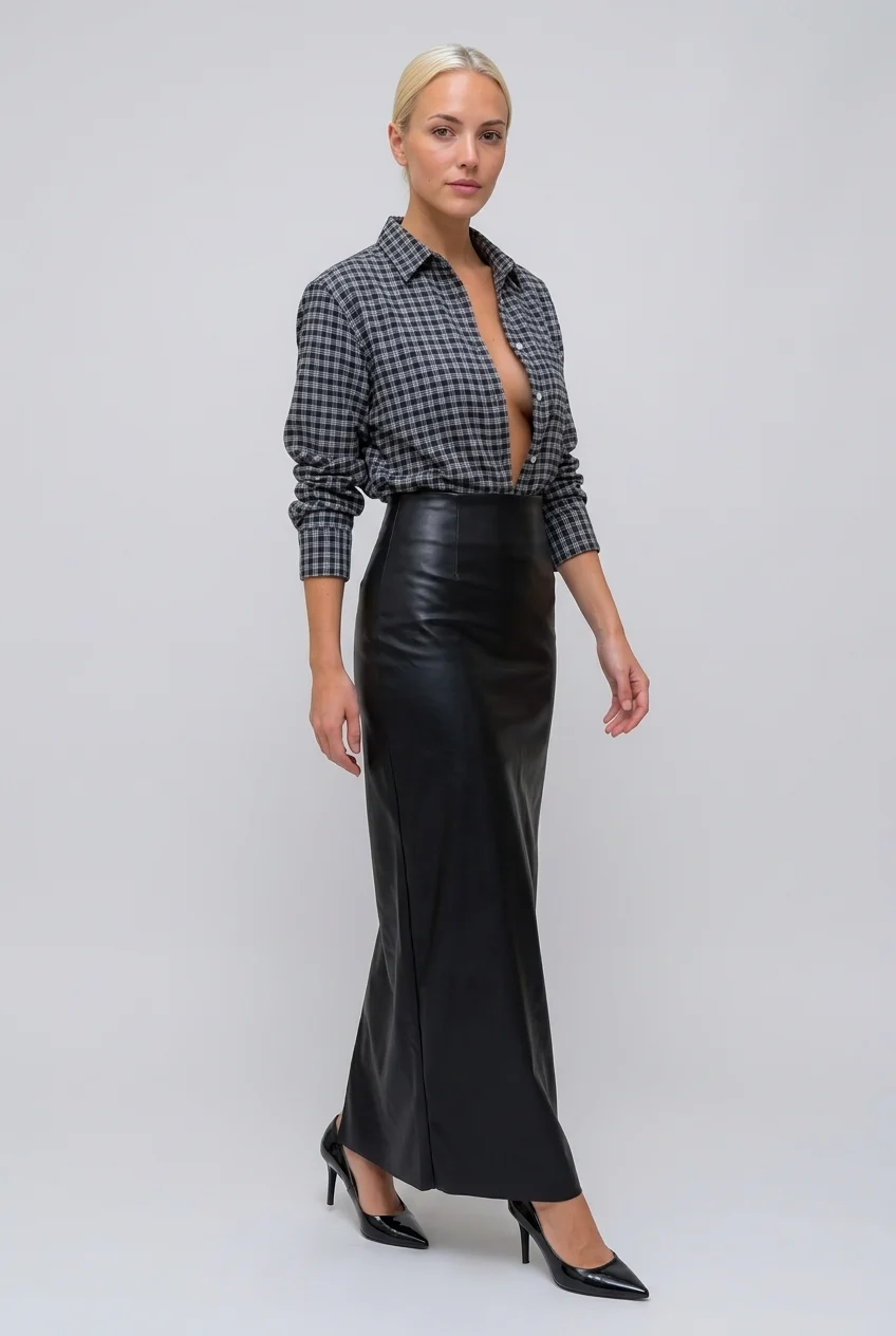 Plaid Long Sleeve Button-Down Shirt and Black Faux Leather Maxi Skirt Two Piece Set [erp-image:f156e042d72bdefeb7532e80]
