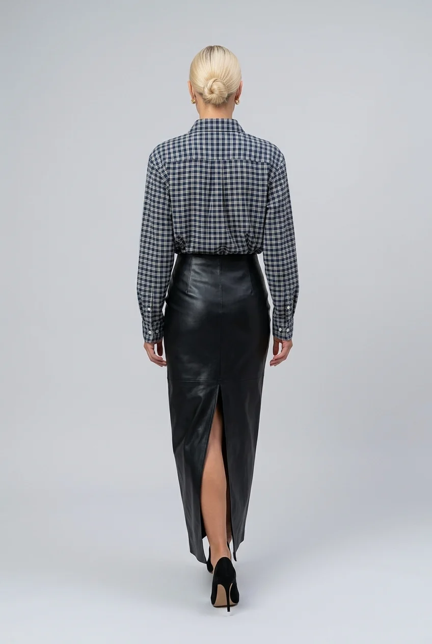 Plaid Long Sleeve Button-Down Shirt and Black Faux Leather Maxi Skirt Two Piece Set [erp-image:c154606c2c4a2b3ce3b1d833]