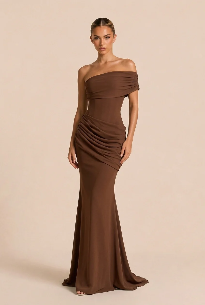 Brown Asymmetric Corset Lace-Up Draped Mermaid Maxi Evening Dress [erp-image:5d26d094c4738fa78101c607]