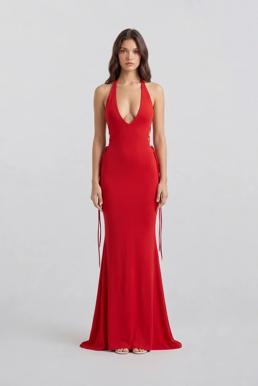 Deep V Neck Halter Sleeveless Floor Length Red Formal Evening Maxi Dress [erp-image:3cb7e8c7f4859392ecacd324]