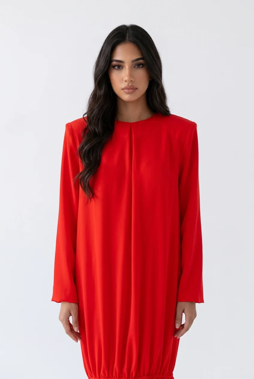 Red Padded Shoulder Long Sleeve Drop Waist Maxi Dress with Flounce Hem [erp-image:d354a98b71a7a9c0b5cf4382]