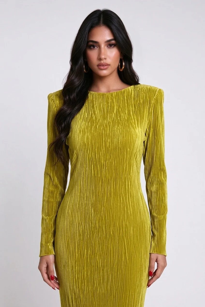 Long Sleeve Pleated High Low Dress with Sculptural Ruffle Hem [erp-image:d2f686bb8ba039c280b4d982]