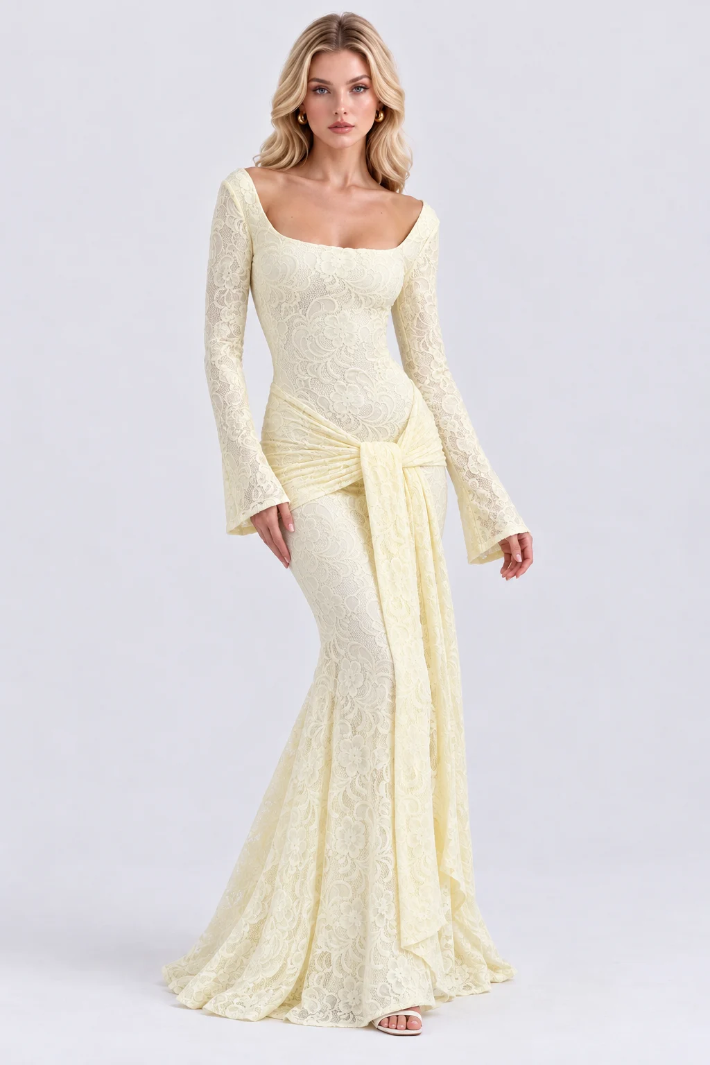 Square Neck Long Sleeve Lace Draped Front Maxi Dress [erp-image:8a31cc5b9f74820e7e265d20]