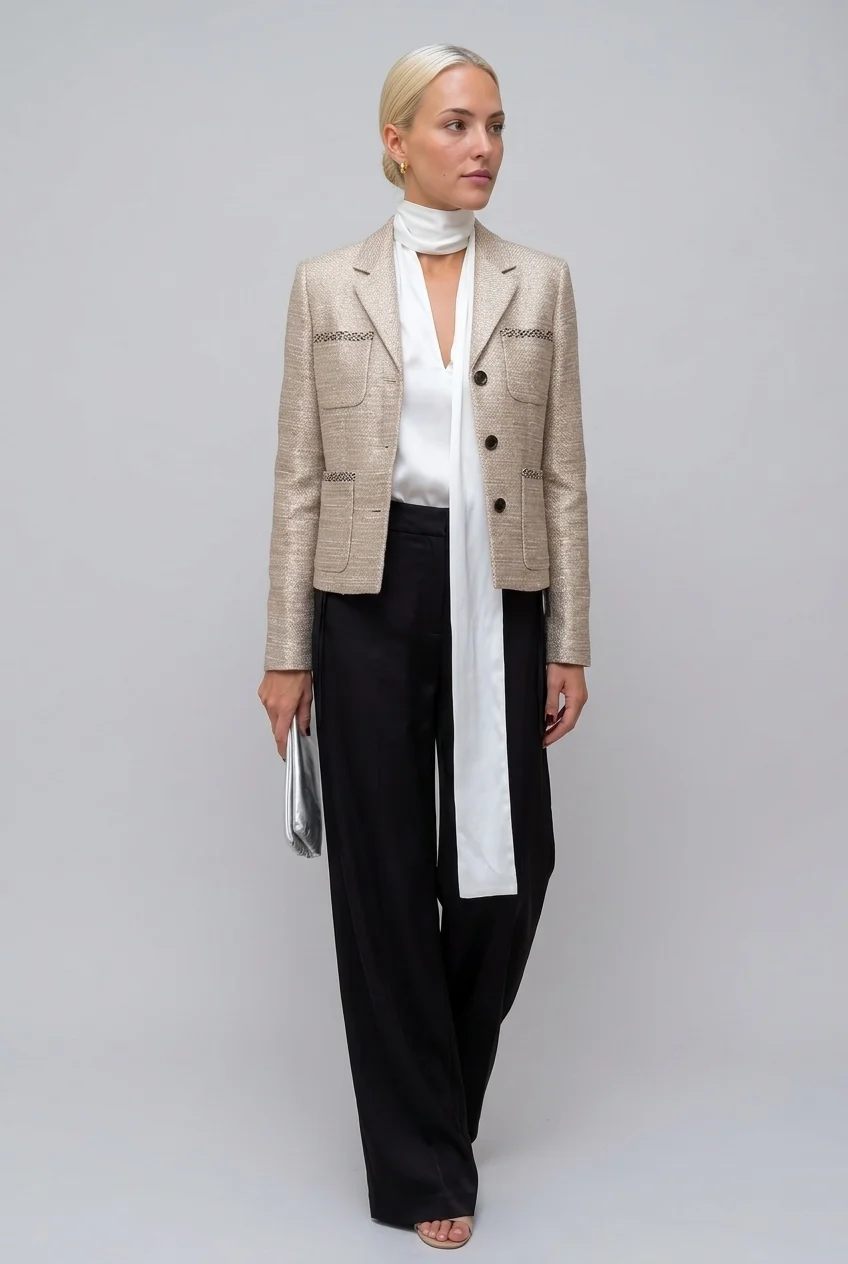 Women's Metallic Textured Tweed Blazer Jacket with Notched Lapel and Pockets [erp-image:bbb92ec5896377f3b15bf175]