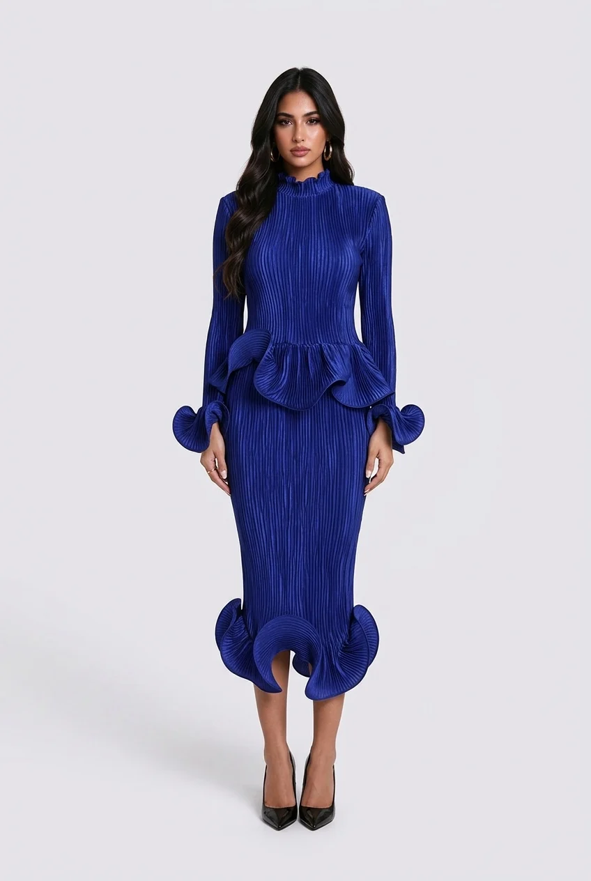 Pleated Peplum Top and Ruffled Midi Skirt Two-Piece Set [erp-image:055c8ceca1a897e37b35f148]
