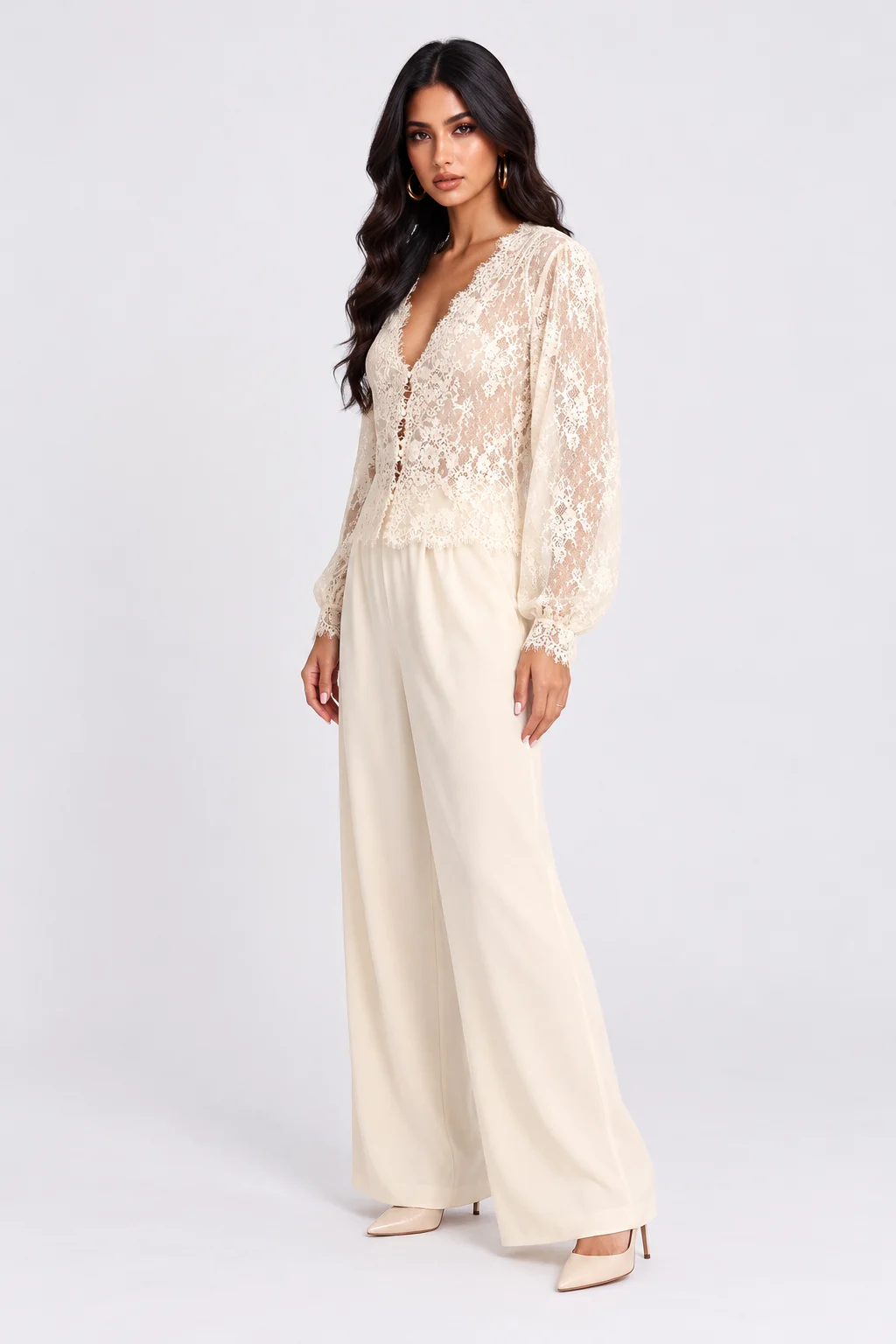Sheer Floral Lace Deep V-Neck Long Sleeve Blouse Top [erp-image:8f97eca5d45199219e2754c1]