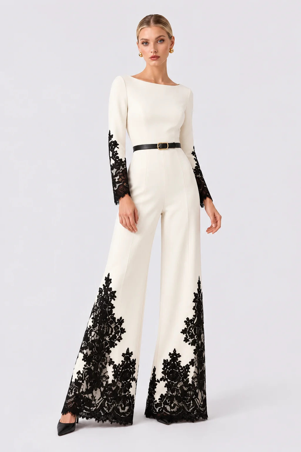 Elegant Long Sleeve Wide Leg Jumpsuit with Contrast Lace Trim [erp-image:89308b1ca7fe8367b7afc0db]