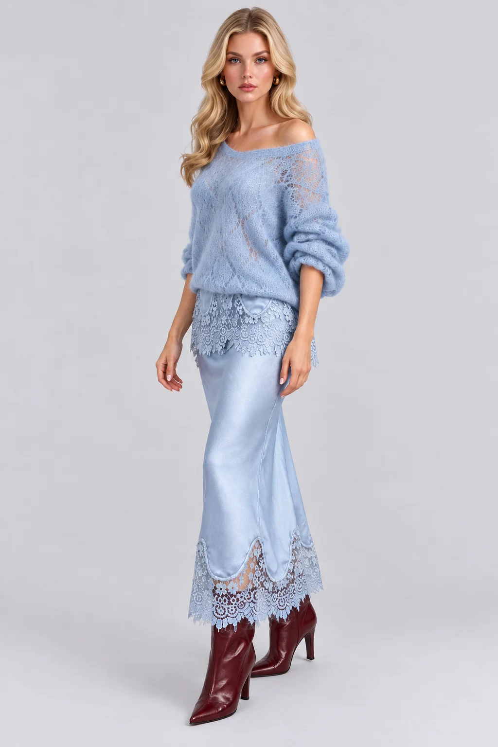 Open Knit Sweater and Lace Trim Satin Midi Skirt Set [erp-image:5233e46b312ae8f53ce6f668]