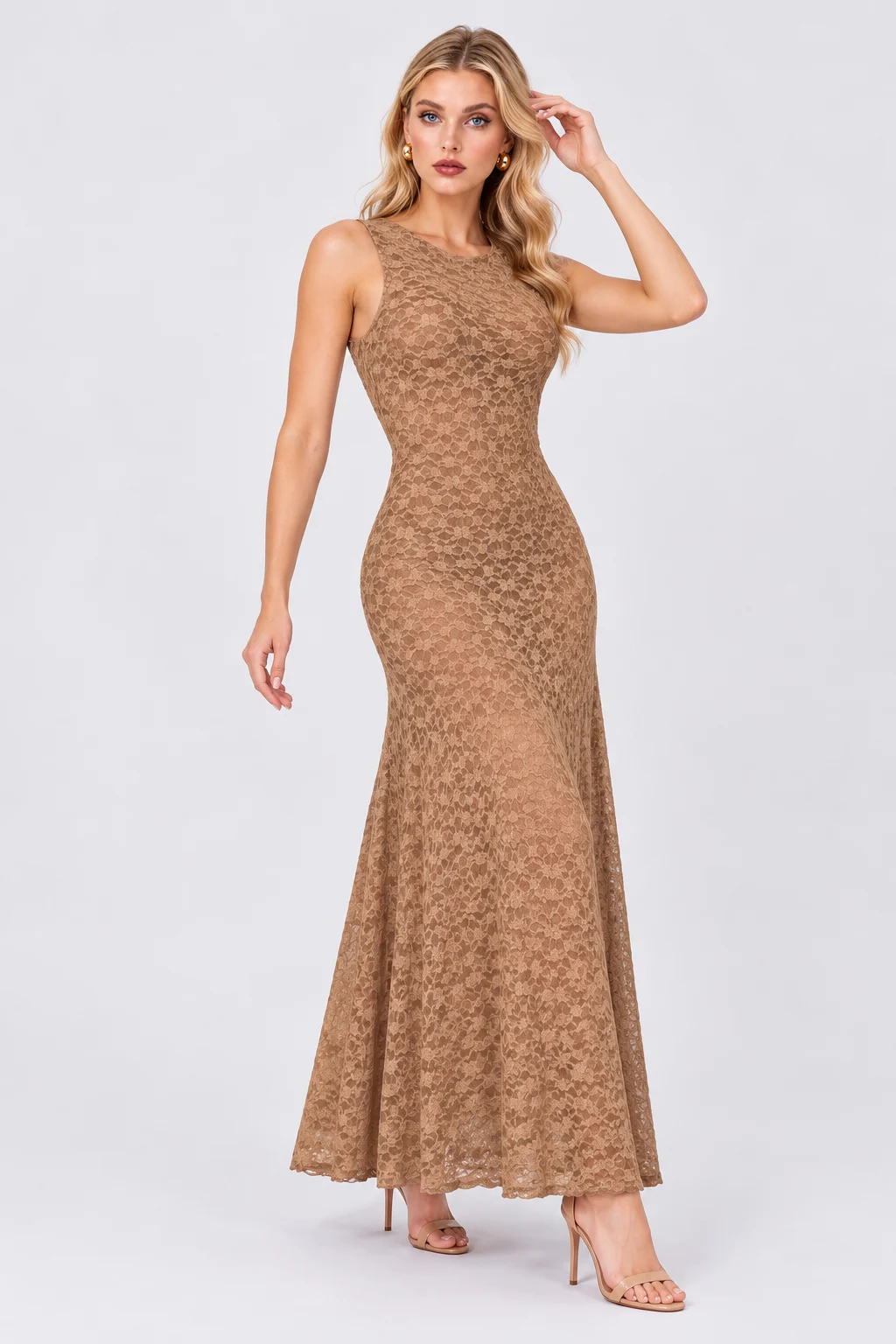 Sleeveless Crew Neck Lace Column Maxi Dress in Tan [erp-image:09cbf6296a58c826213e4bfa]