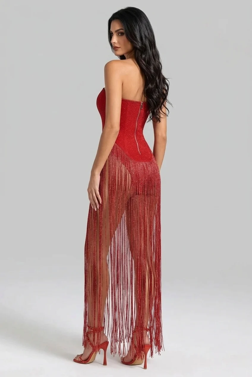 Red Strapless Bandeau Fringe Tassel Maxi Evening Dress [erp-image:03807bf5116bbfe69ac36fb7]