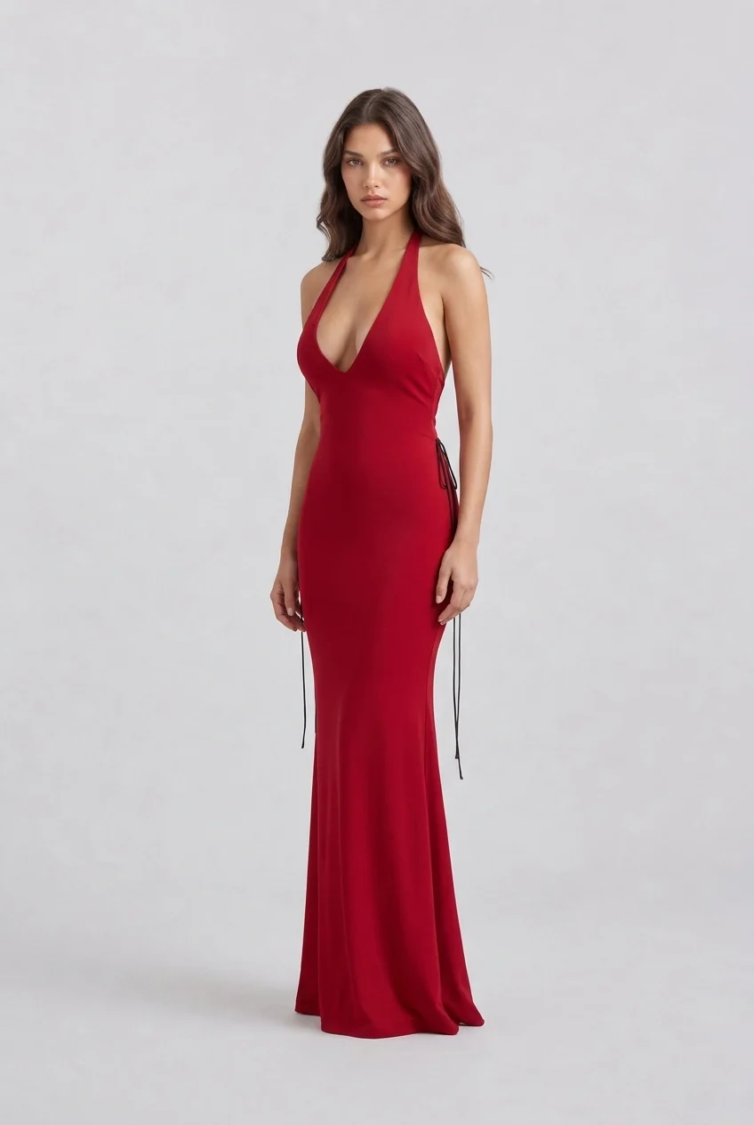 Deep V Neck Halter Sleeveless Floor Length Red Formal Evening Maxi Dress [erp-image:23d458949ec3ef8385030df5]