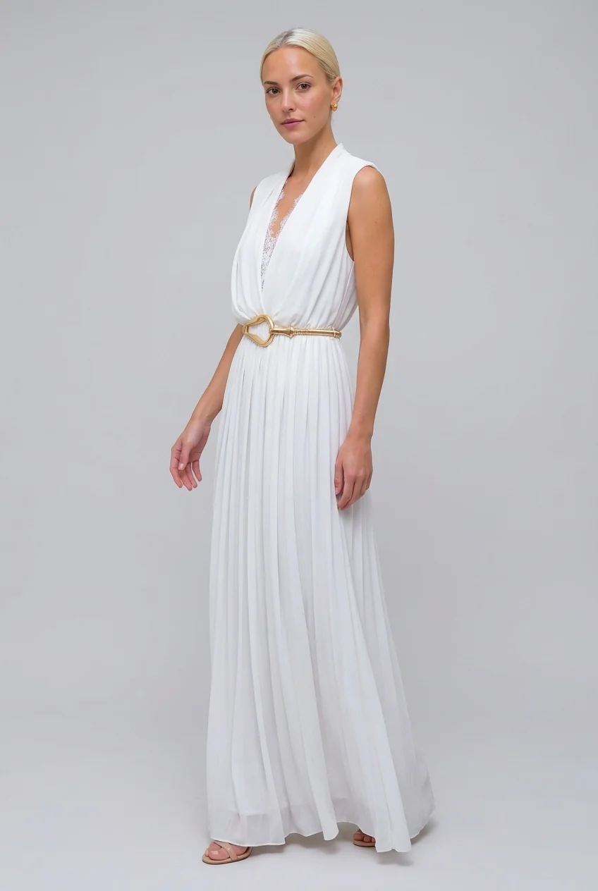 Sleeveless Deep V-Neck Lace Trim Pleated Maxi Dress in White [erp-image:027b2f09cf140e88be86b55c]