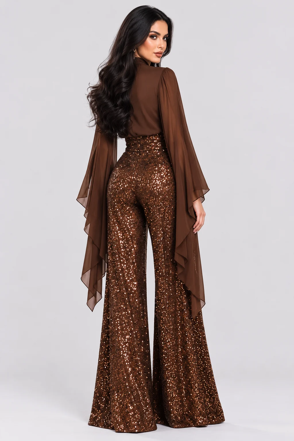 Brown High Neck Cape Sleeve Blouse and Sequin Wide Leg Pants Two Piece Set [erp-image:7a1d2bc6765e81f417ff4d7e]
