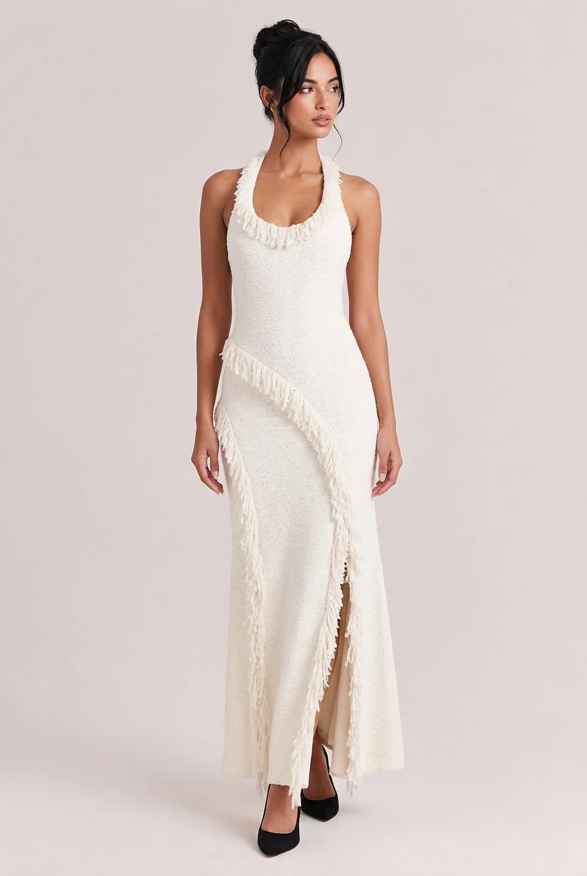 Tweed Knit Scoop Neck Sleeveless Fringe Trim Slit Maxi Dress [erp-image:c956d256b4e3f642aa05e44a]