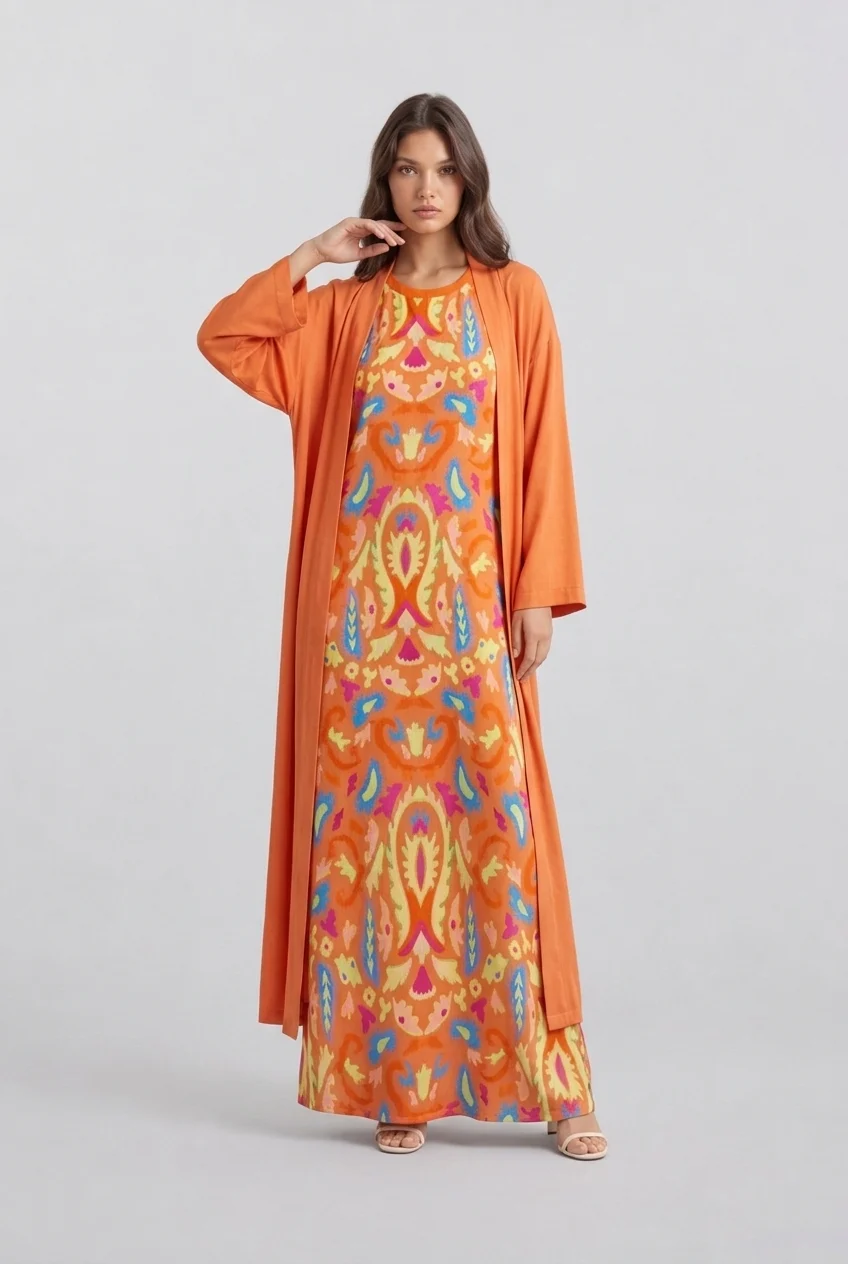 Women's Orange Boho Print Sleeveless Maxi Dress and Long Cardigan Two Piece Outfit Set [erp-image:aa28a0208d470ec04c97ce16]