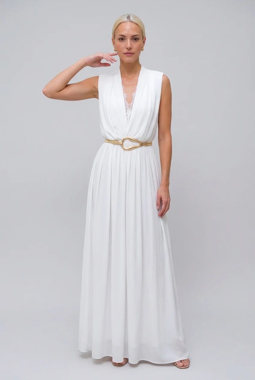 Sleeveless Deep V-Neck Lace Trim Pleated Maxi Dress in White [erp-image:cfe743aff851b32ec00cec95]