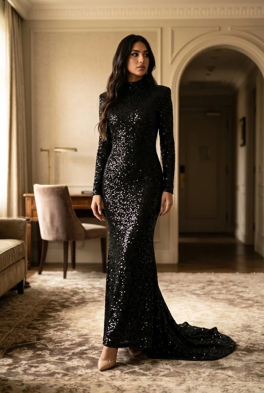 Black Sequin High Neck Long Sleeve Mermaid Maxi Evening Dress [erp-image:e690503dd3b63bc64364ec04]