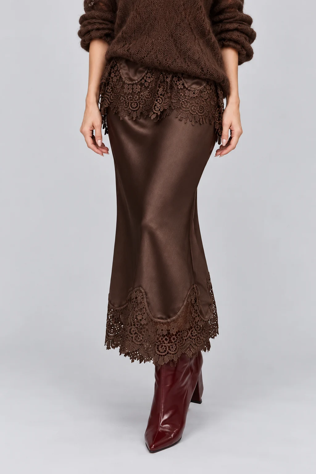 Open Knit Sweater and Lace Trim Satin Midi Skirt Set [erp-image:95b8fbee56663d31895434fe]