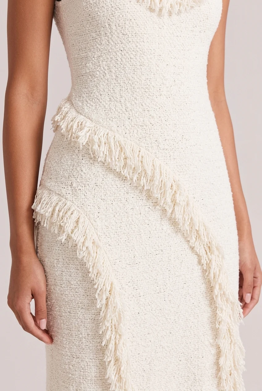 Tweed Knit Scoop Neck Sleeveless Fringe Trim Slit Maxi Dress [erp-image:1f9ad16d5f0b7c1942b35acf]