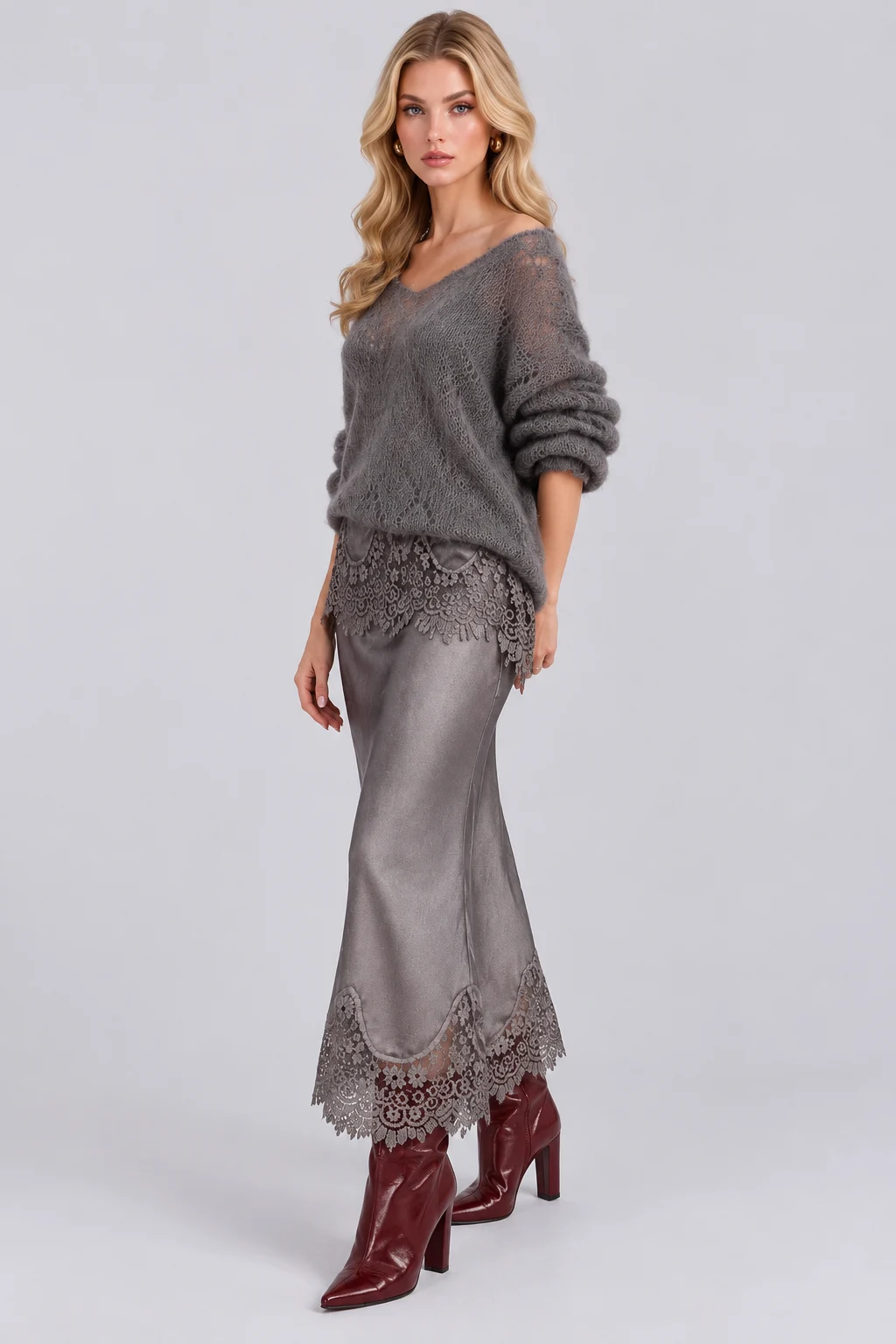 Open Knit Sweater and Lace Trim Satin Midi Skirt Set [erp-image:2ad2091848f1739d1959388f]