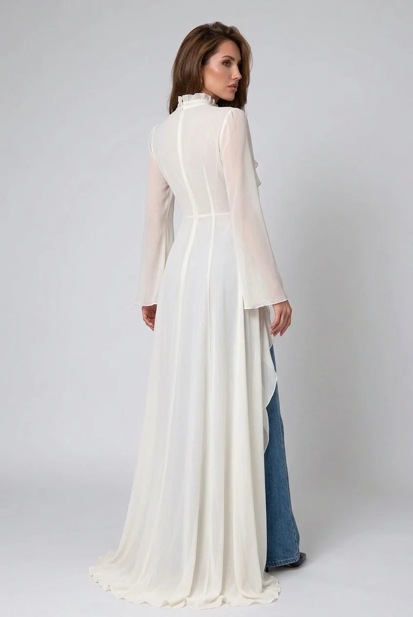 Ivory Ruffle Trim High Neck Sheer Chiffon Maxi Blouse Duster Top [erp-image:f4cdf963a1d142c1249e1770]