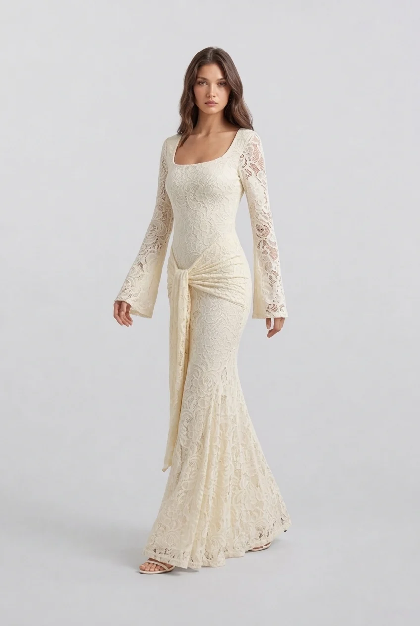 Butter Yellow Floral Lace Long Sleeve Maxi Dress with Draped Waist Sash [erp-image:6e787ddc8eb7723f7beca1cd]