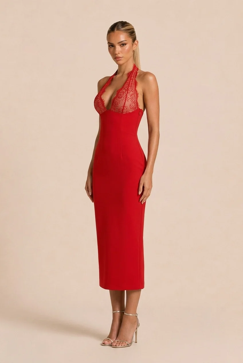 Red Lace Halter Plunge Neck Sleeveless Bodycon Midi Dress [erp-image:1eb292a2b8ec7b51b3563264]