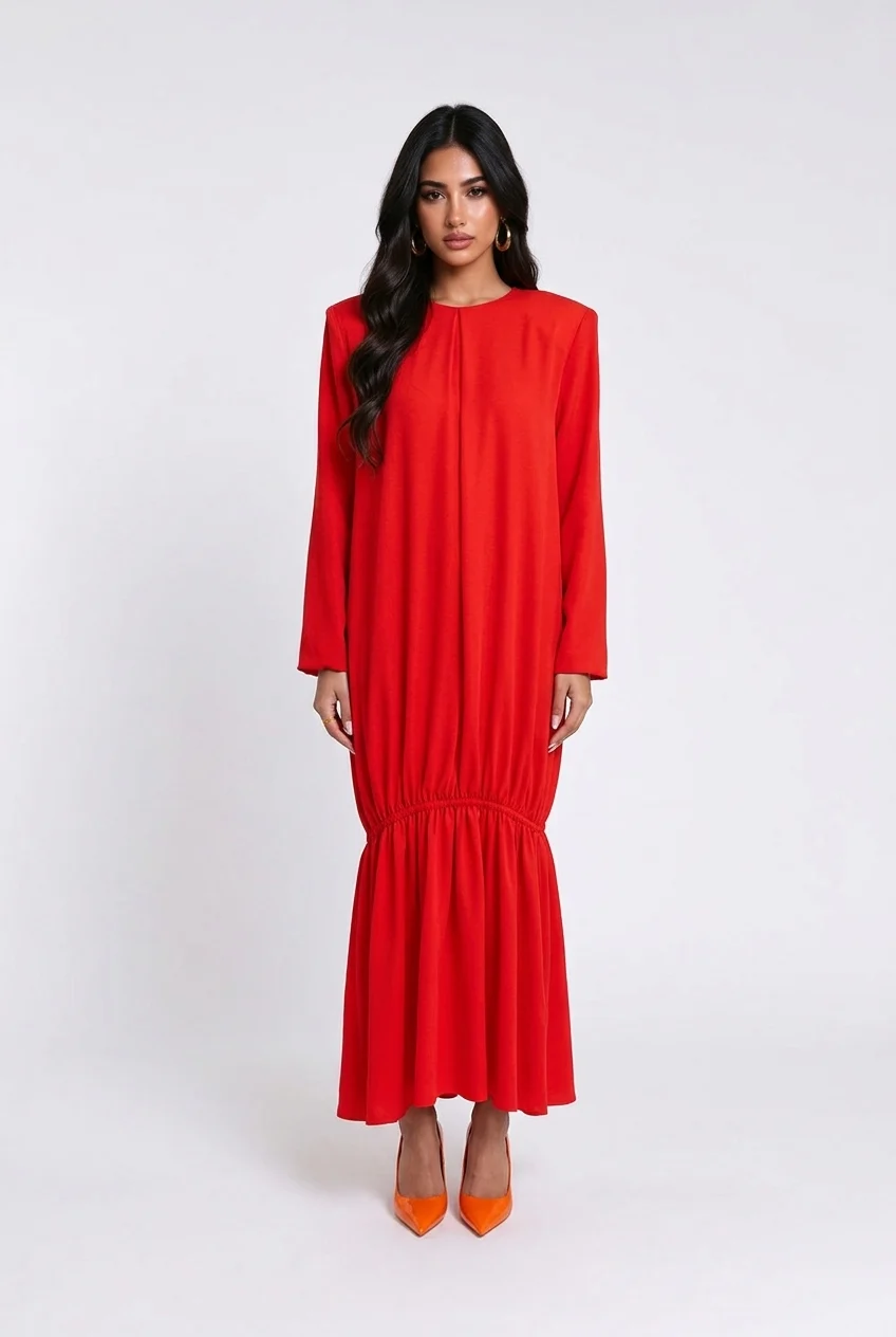 Red Padded Shoulder Long Sleeve Drop Waist Maxi Dress with Flounce Hem [erp-image:fb85c97ee4c45eca96fca7d8]
