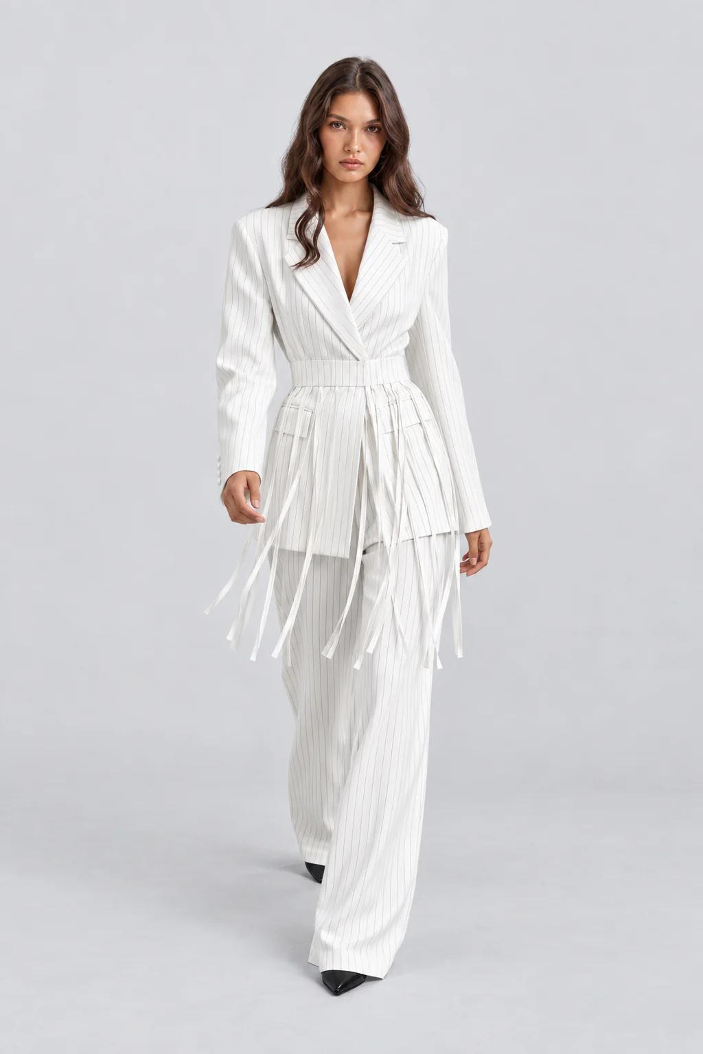 White Pinstripe Fringe Blazer and Wide Leg Pants Two Piece Set