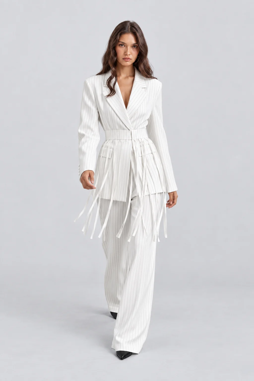White Pinstripe Fringe Blazer and Wide Leg Pants Two Piece Set [erp-image:a7bc9ff929c01b9d27de8663]