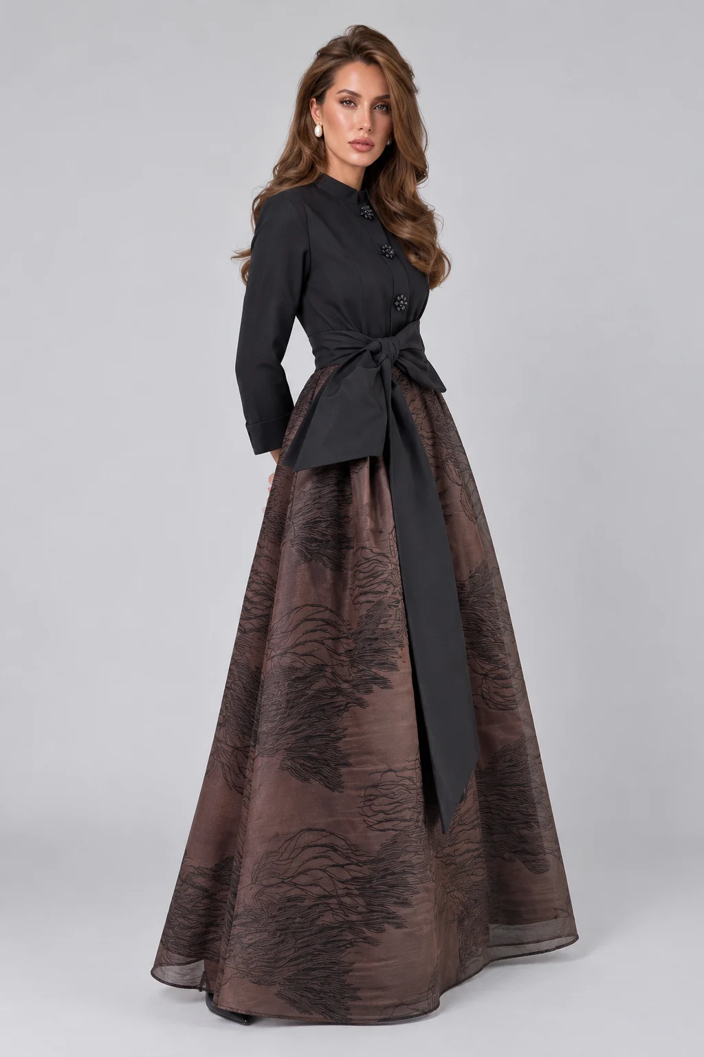 Elegant Black Long Sleeve Bow Belted Shirt Dress with Floral Buttons [erp-image:cbb4a83172686d8c2a5e33de]