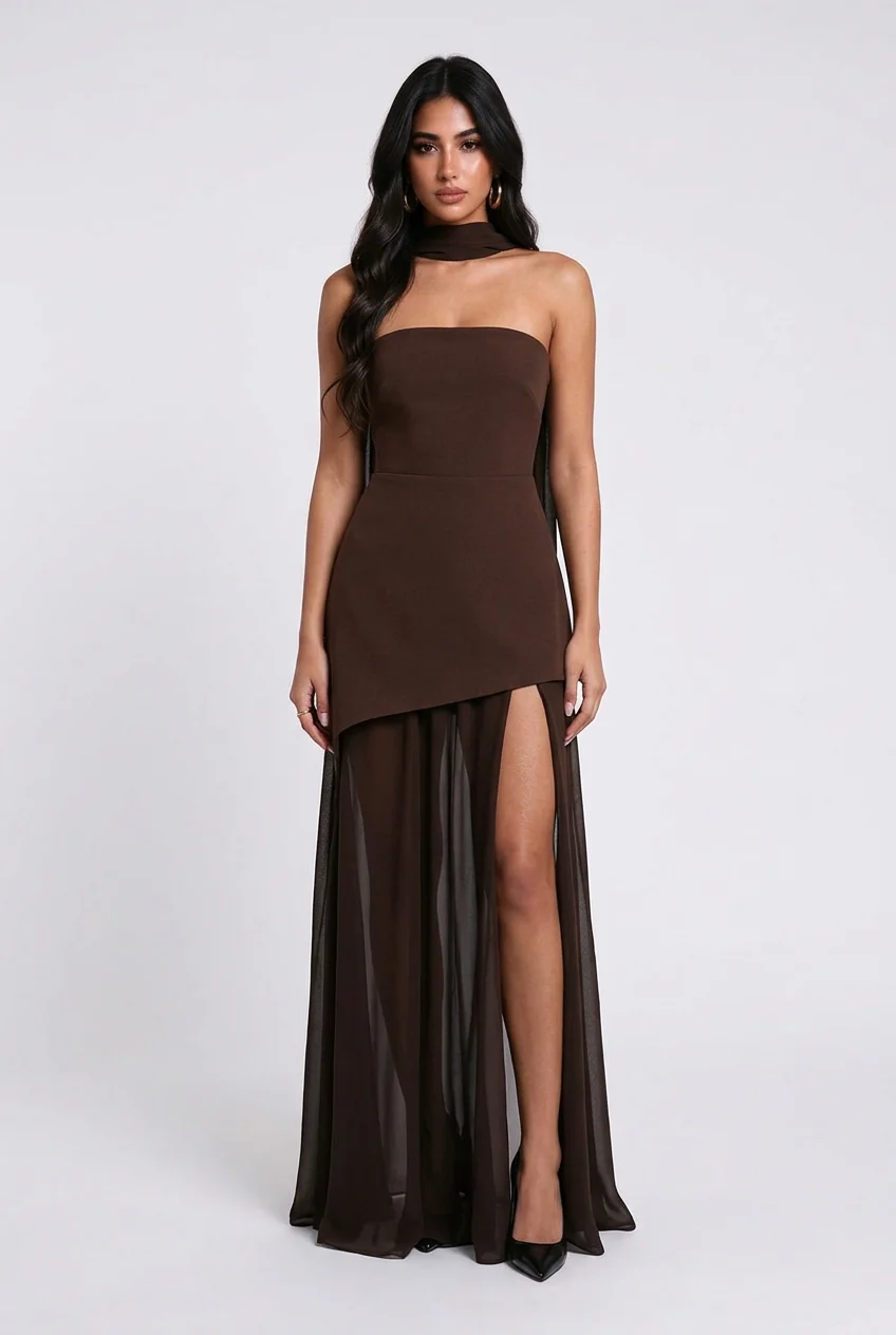 Strapless High Slit Maxi Dress with Asymmetrical Hem and Scarf Detail [erp-image:3435ee3aaa13e7a6bcab1c9b]