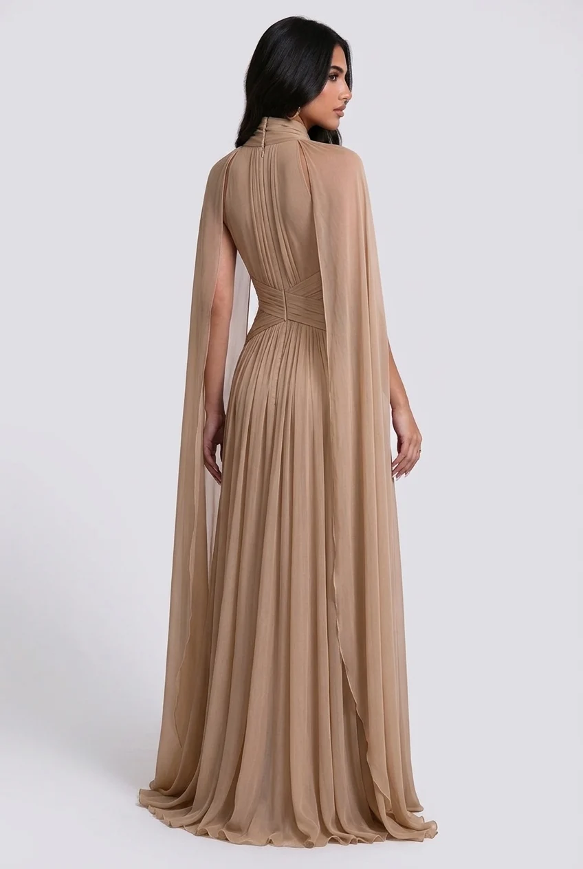 High Neck Pleated Cape Sleeve Chiffon Maxi Evening Dress [erp-image:150255703d962abf514dc29a]