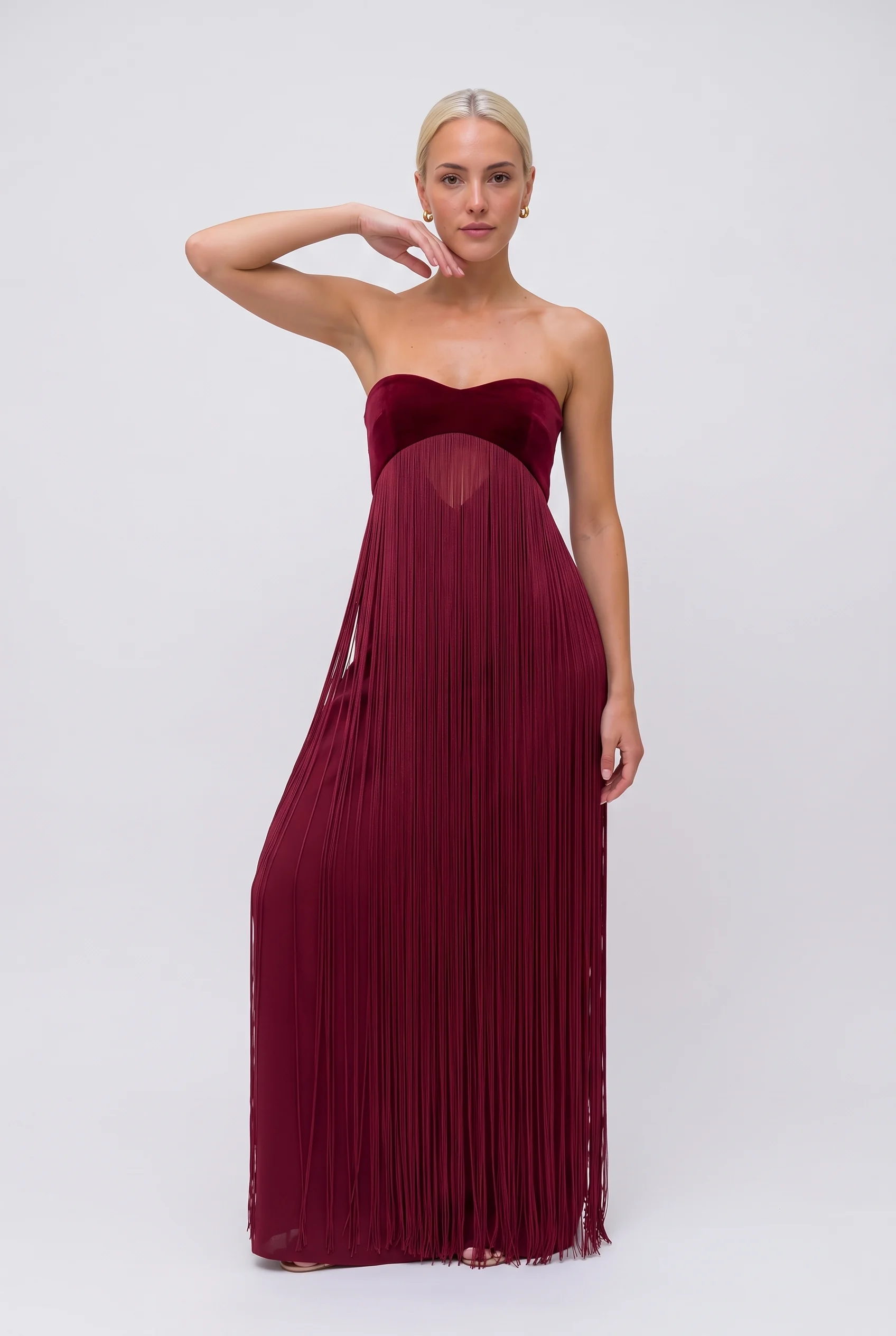 Burgundy Strapless Fringe Overlay Maxi Evening Party Dress [erp-image:86aed34ec551c28a5438aed7]