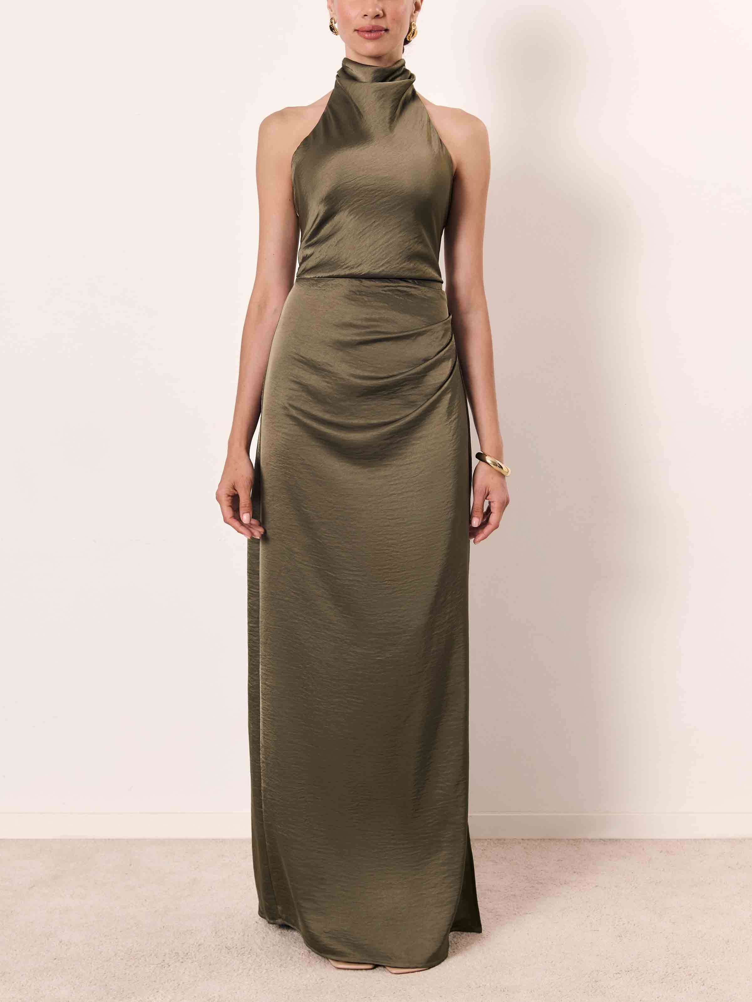 Elegant Holders Corner Satin Pleated Maxi Dress