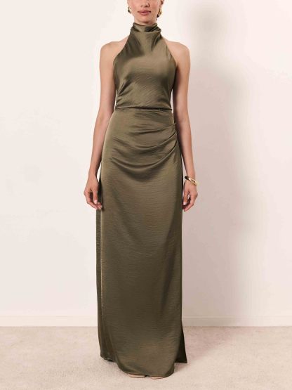 Elegant Holders Corner Satin Pleated Maxi Dress