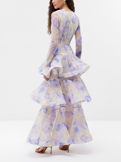 Elegant Sweet Floral Print Tiered Party Maxi Dress