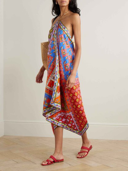 Unique Asymmetric Print Halter Neck Midi Dress