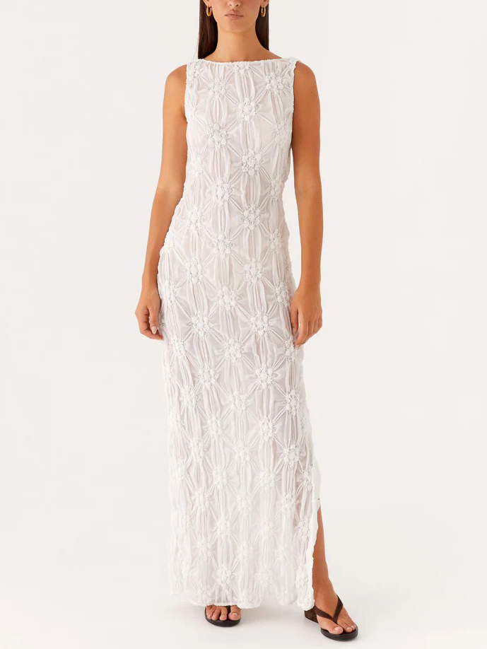 Exquisite Texture Floral Micro-perspective Slit Maxi Dress