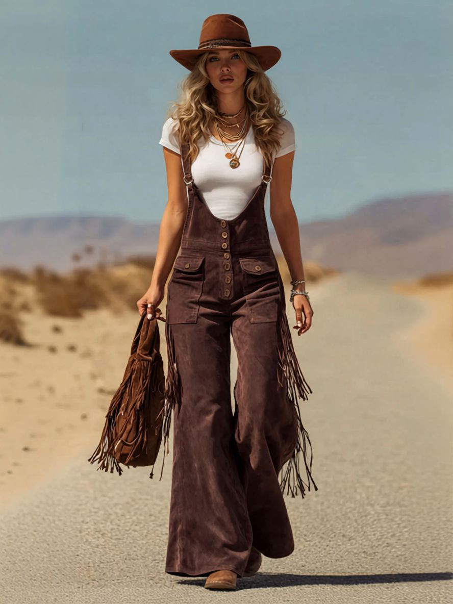 Retro Faux Suede Flared Overalls