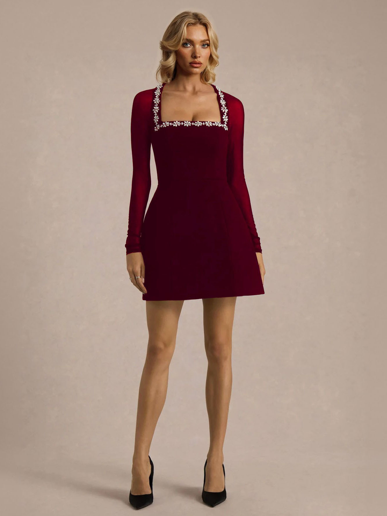 Elegant Crystal-embellished Mesh Sleeve Mini Dress